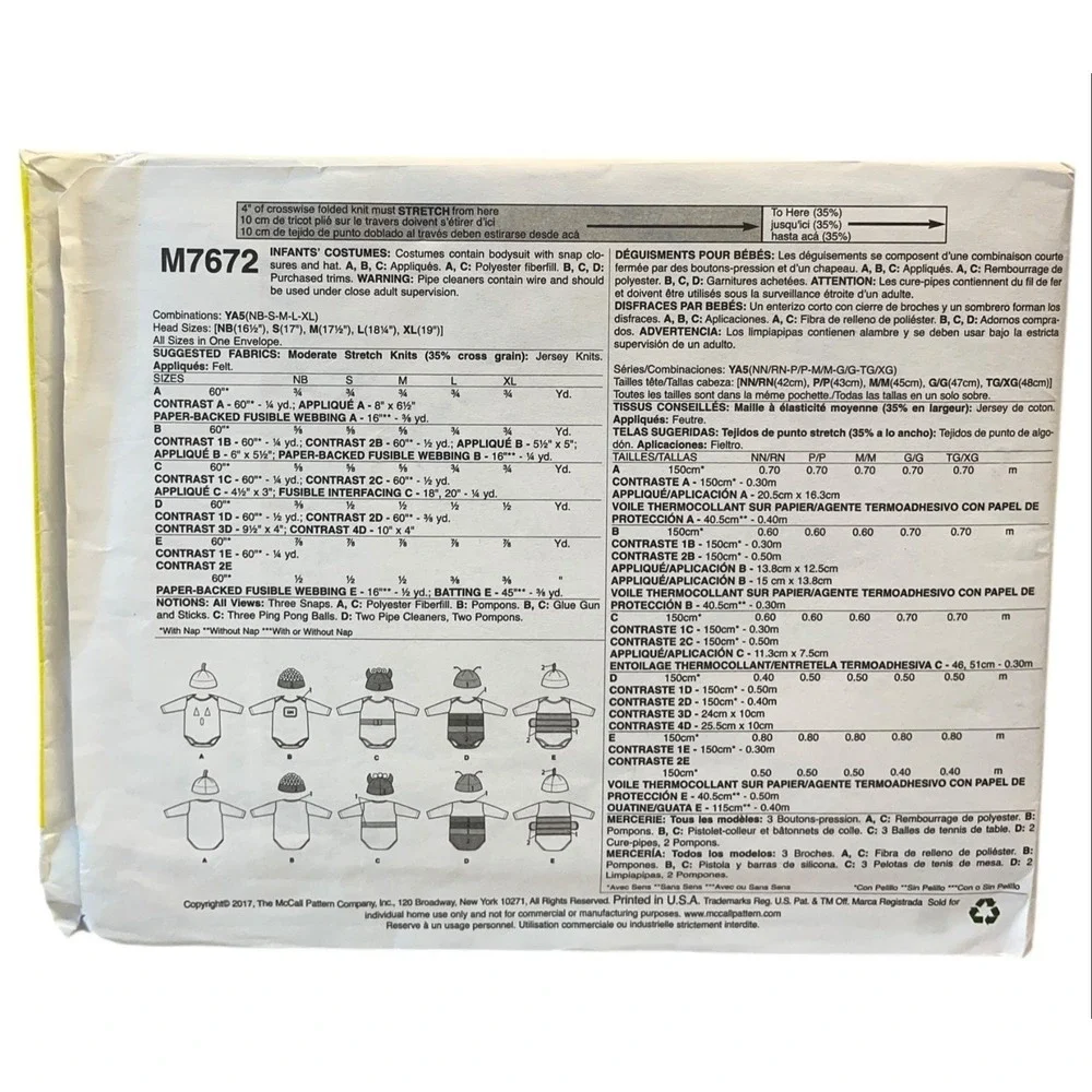 McCALL'S M7672 Infant Costume Pattern Sizes NB-XL 2017